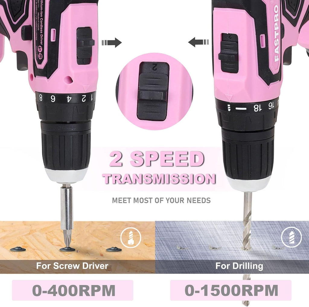 FASTPRO 232-Piece Pink Tool Set with Drill, 20V Cordless Drill Driver and Home Tool Set, Pink Drill Set for Women, Lady's Repairing Kit with 12-Inch Storage Bag, Pink