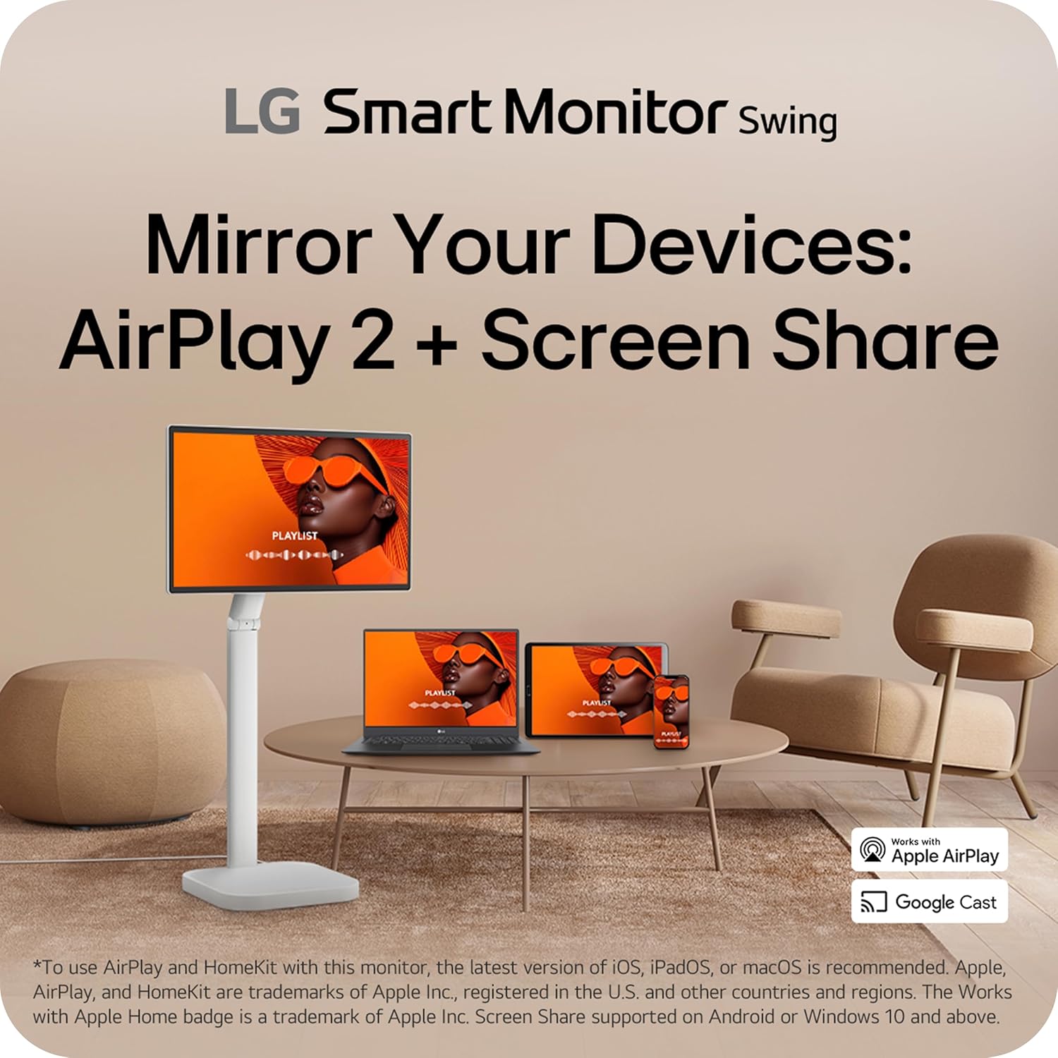 LG Smart Monitor Swing 32U889SA-W 32-Inch 4K UHD (3840x2160) IPS Touchscreen on a Fully Adjustable Wheeled Base HDR10  webOS  Built-in Speaker  HDMI  USB Type-C  Tilt/Height/Swivel/Pivot Stand  White