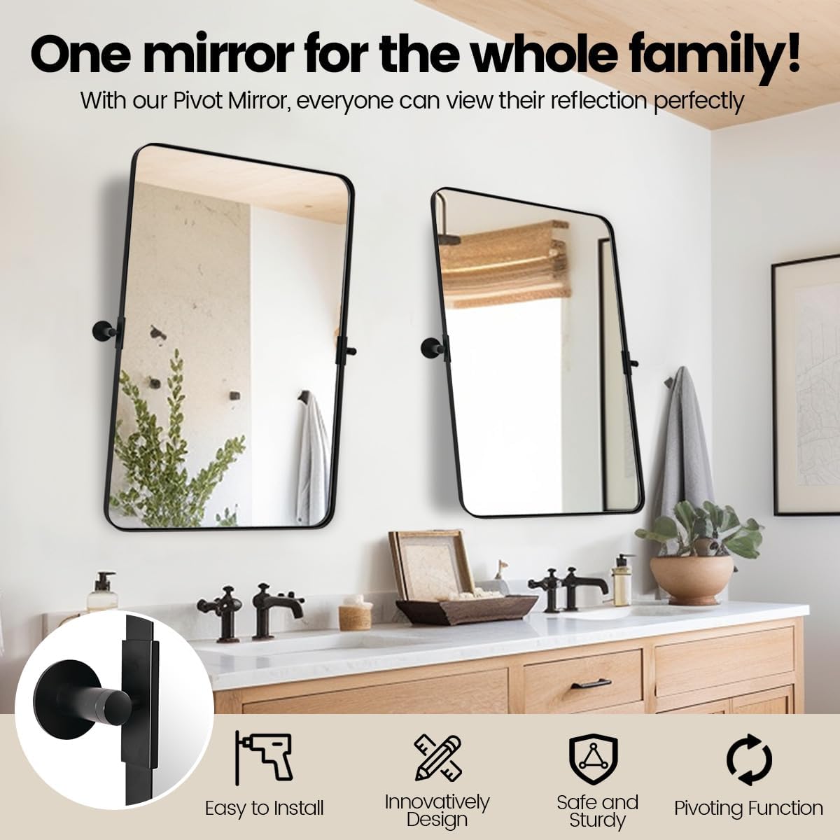 MOON MIRROR 24"x36" Matte Black Pivot Mirror for Bathroom, Metal Frame Bathroom Mirrors for Wall .Rectangle Titling Vanity Wall Mirror with Rounded Corner Hangs Vertical(Overall 27.75" x 36")