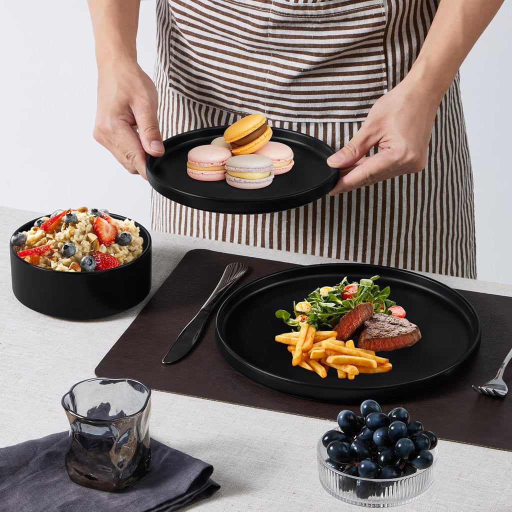 E-far 16-Piece Black Plates and Bowls Sets - Stoneware Dinnerware Sets with Pasta Bowls for 4 | Matte Black Kitchen Modern Dish Set, Microwave & Dishwasher Safe
