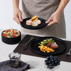 E-far 16-Piece Black Plates and Bowls Sets - Stoneware Dinnerware Sets with Pasta Bowls for 4 | Matte Black Kitchen Modern Dish Set, Microwave & Dishwasher Safe