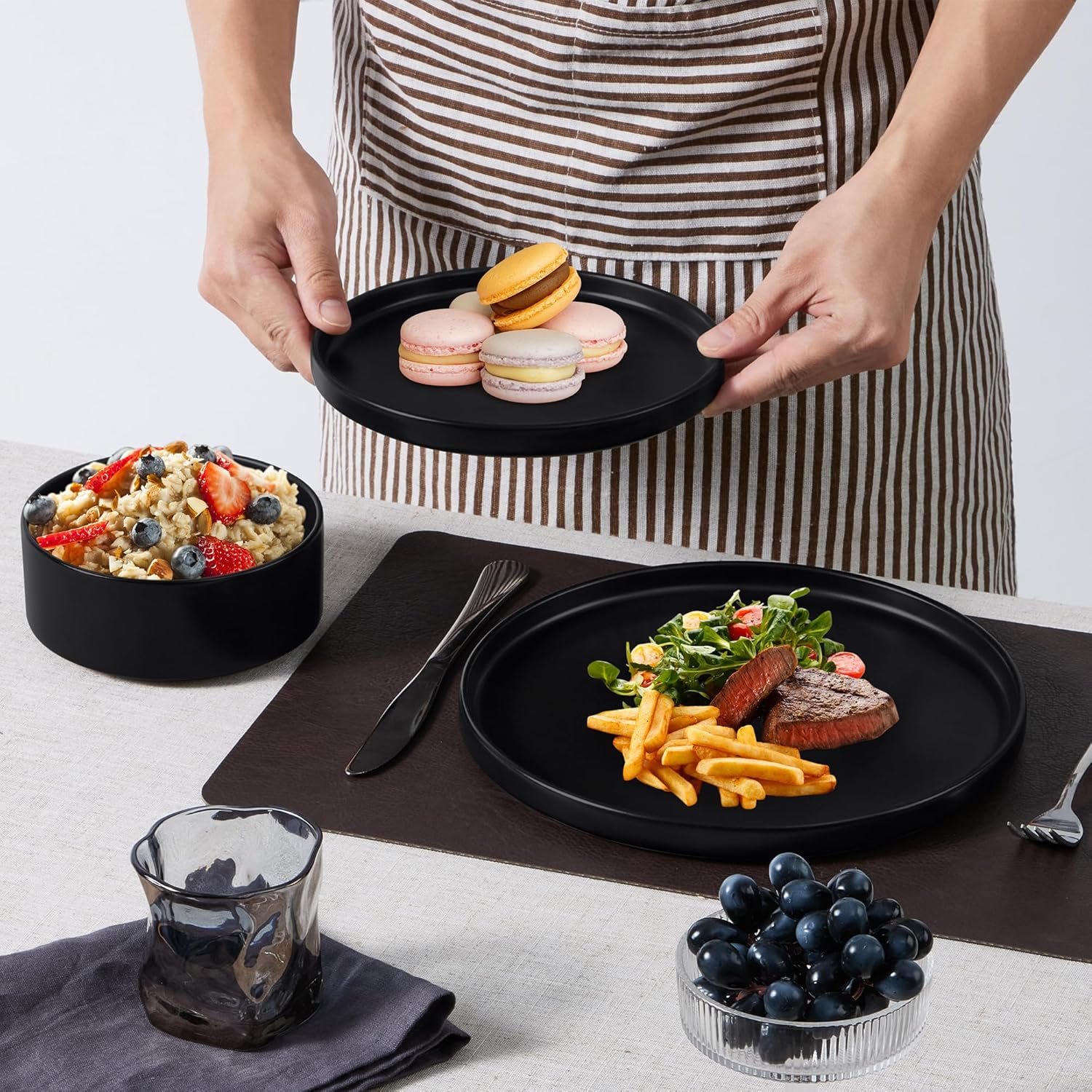 E-far 16-Piece Black Plates and Bowls Sets - Stoneware Dinnerware Sets with Pasta Bowls for 4 | Matte Black Kitchen Modern Dish Set, Microwave & Dishwasher Safe