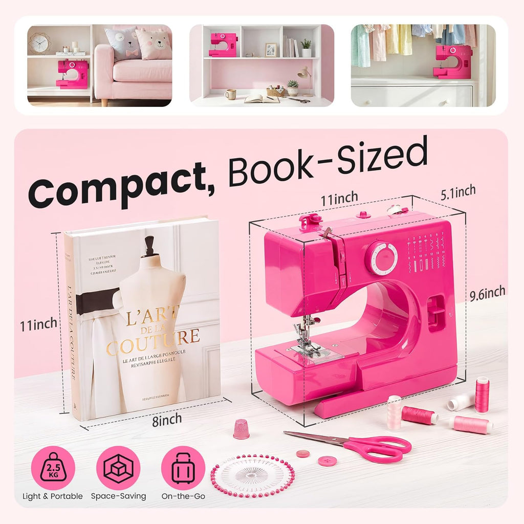 Portable Mini Sewing Machine for Beginners, 14 Stitches, Easy Dial Control, LED Light & Extension Table, Compact Lightweight for Home DIY Mending, Ideal Gift for Kids Adults Bright pink