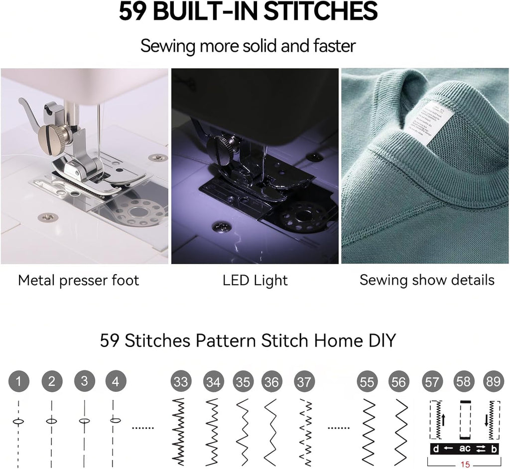 Multifunction Sewing Machines, Strong Motor with Enhanced Piercing Power, 59 Stitch Applications, Full Metal frame, Strong & Tough, with Foot Pedal, Storage Drawer, Accessory Kit