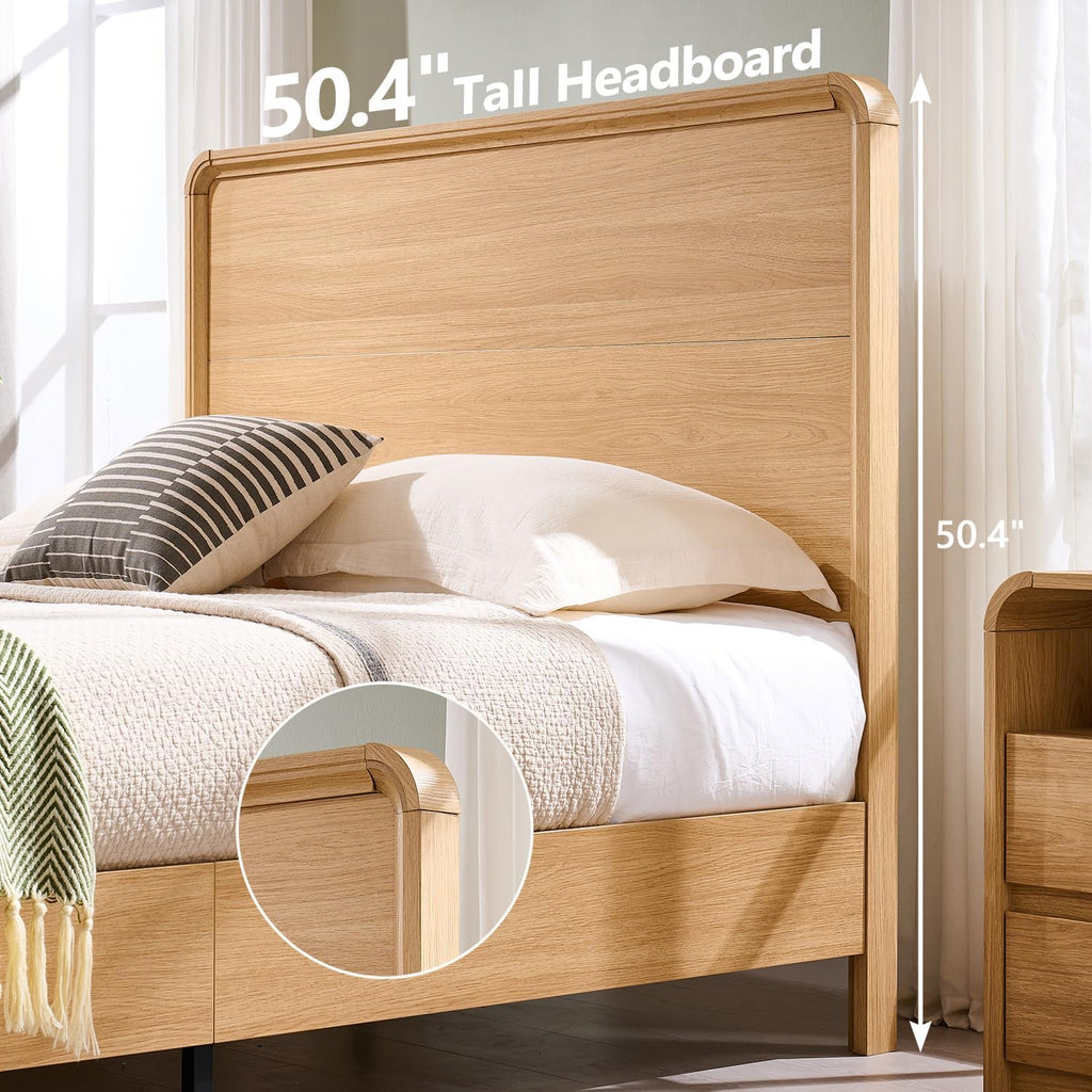 Modern Queen Size Bed Frame with 50" Tall Headboard, Wood Queen Size Platform Bed Frame w/3 Storage Drawers, Curved Profile Design, No Box Spring Needed, Easy Assembly, Noise Free, Natural Oak
