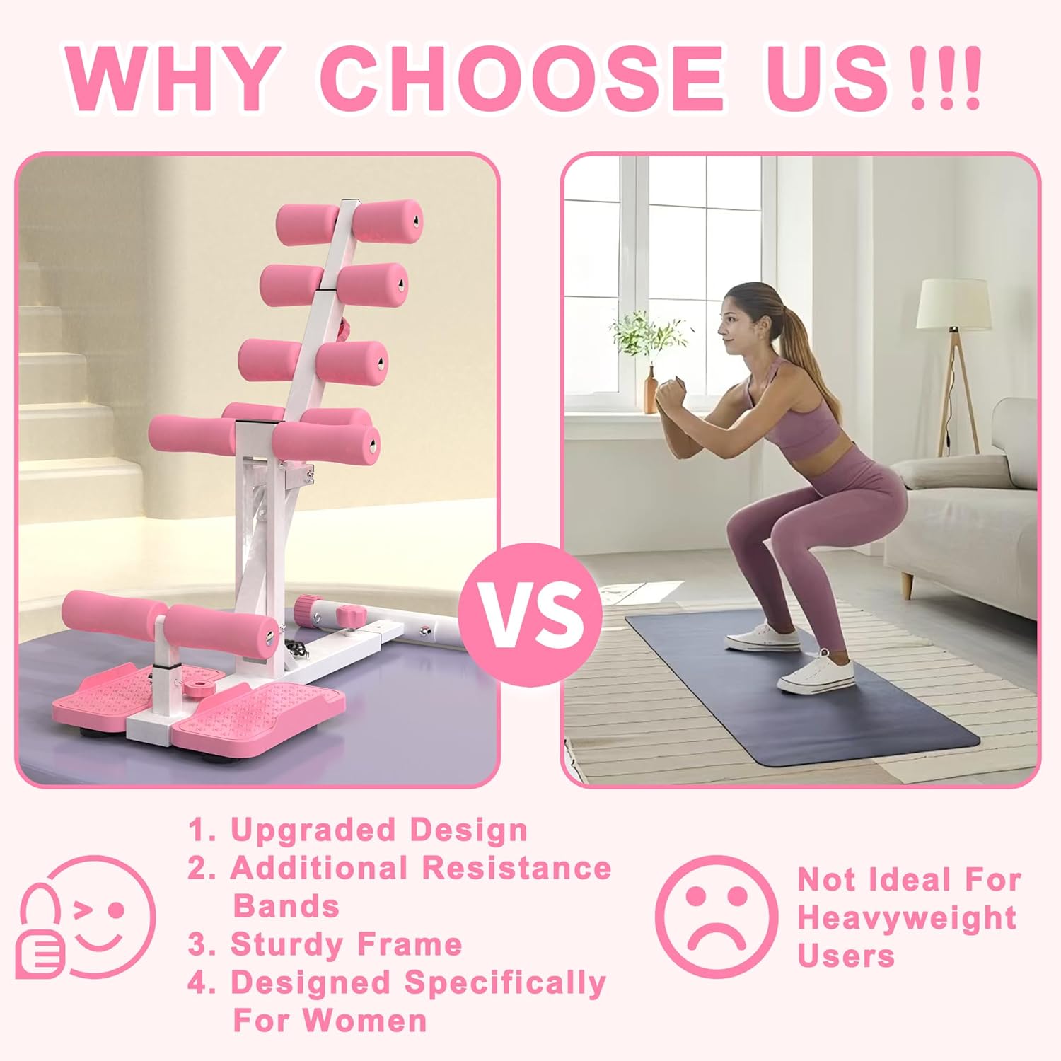 Deep Squat Machine for Home Gym, Pink, Glutes and Core Trainer with Resistance Bands, Squat Assist for Legs Workout