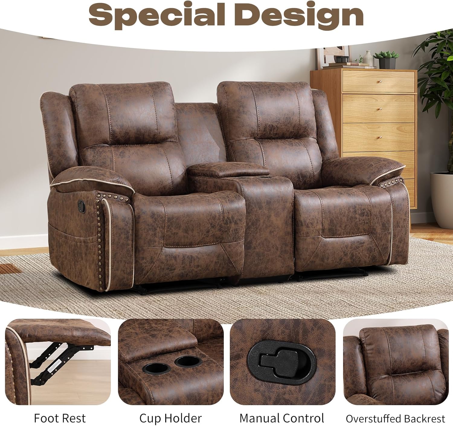 EBELLO Faux Leather Manual Recliner Loveseat, 2 Seater Reclining Sofa Chair with Center Console, Hidden Storage and Cup Holders, Vintage Rivet Mid-Century Design for Living Room, Meeting Room, Brown