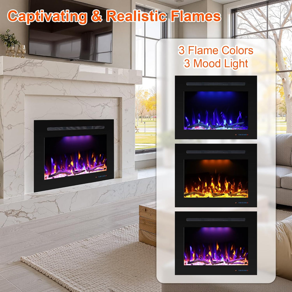Prismaster 32.23" W x 26" H Rear Electric Fireplace Insert with Crackling, Fireplace Heater with Adjustable Flames, 62-99℉ Thermostat,Only Recessed