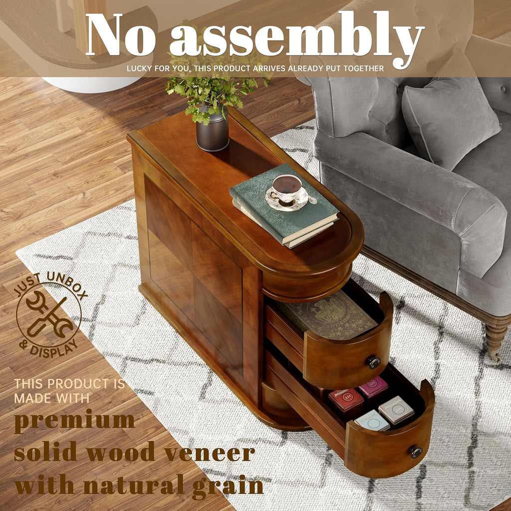 Wood End Table with 2 Drawers, No Assembly Required Narrow Sofa Side Table for Living Room, Vintage Slim Nightstand Bedside Table for Bedroom (2 Drawers, Brown, 2 Pcs)