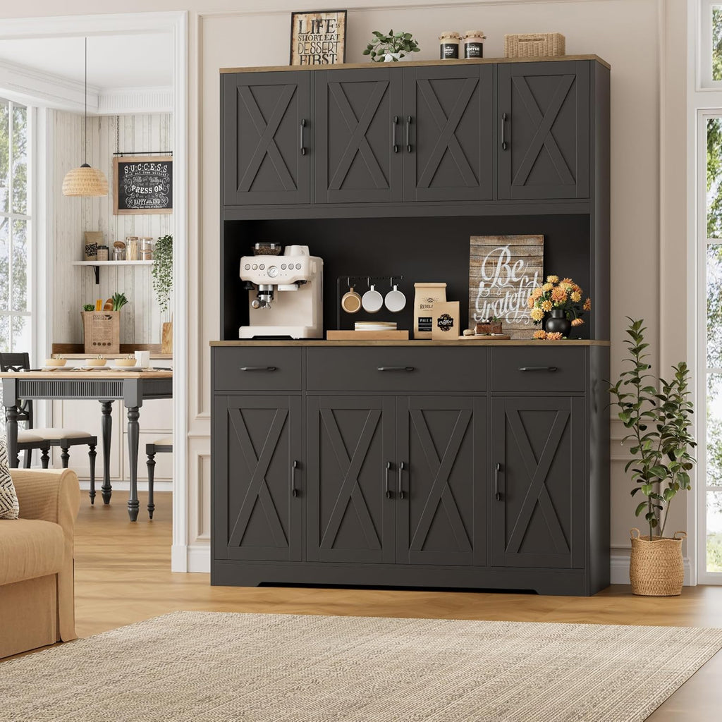 HOSTACK 71" Tall Pantry Cabinet with Charging Station, 55" Wide Kitchen Pantry Storage Cabinet with Countertop, Large Kitchen Hutch with Storage Drawers and Microwave Stand for Dining Room, Black