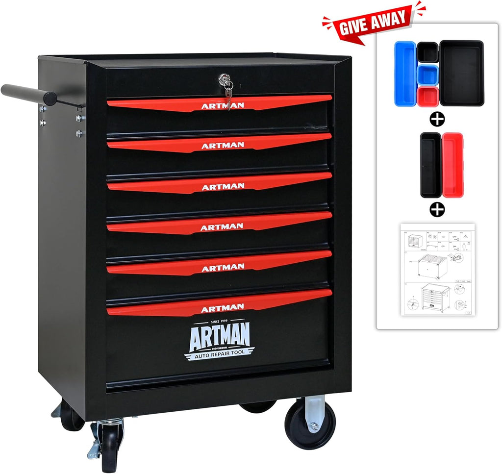 6 Drawers Rolling Tool Box, Tool Cart with 7 Tool Storage Boxes, Multifunctional Tool Chest with Wheels, Lockable Tool Trolley Organizer for Garage Workshop Warehouse Repair Shop, Black+Red