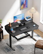 HUANUO 55 x 30 inch Electric Standing Desk with Wood Drawers,Stand up Home Office Desk Adjustable Height with Two Tiers, Ergonomic Stand up Desk with Monitor Stand, Black