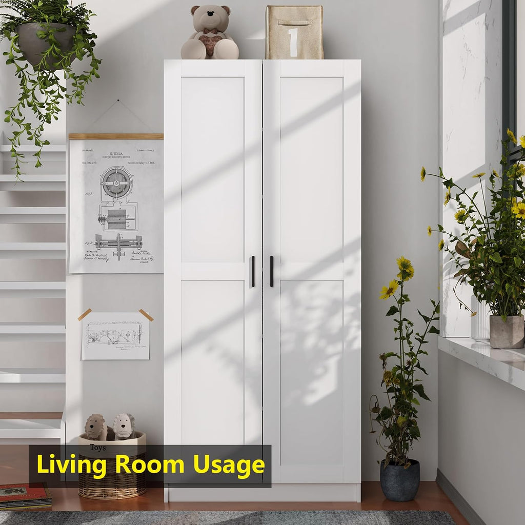 White Tall Kitchen Pantry Cabinet Organizers and Storage with Doors and Adjustable Shelves .Wood Large Gabinetes Para Cocina Office Bookshelf for Laundry Room Cabinets (31.5”W*15.7”D*71”H)