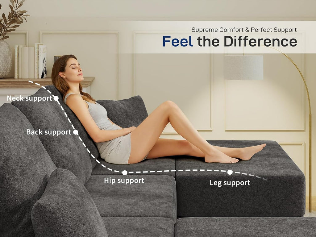Cloud Modular Sectional Sofa, Comfy Boneless Couch for Living Room, Modern L-Shaped Couch with Reversible Chaise, Customizable Sleeper Sofa with Non Slip, No Assembly & Deep Seat, Dark Grey
