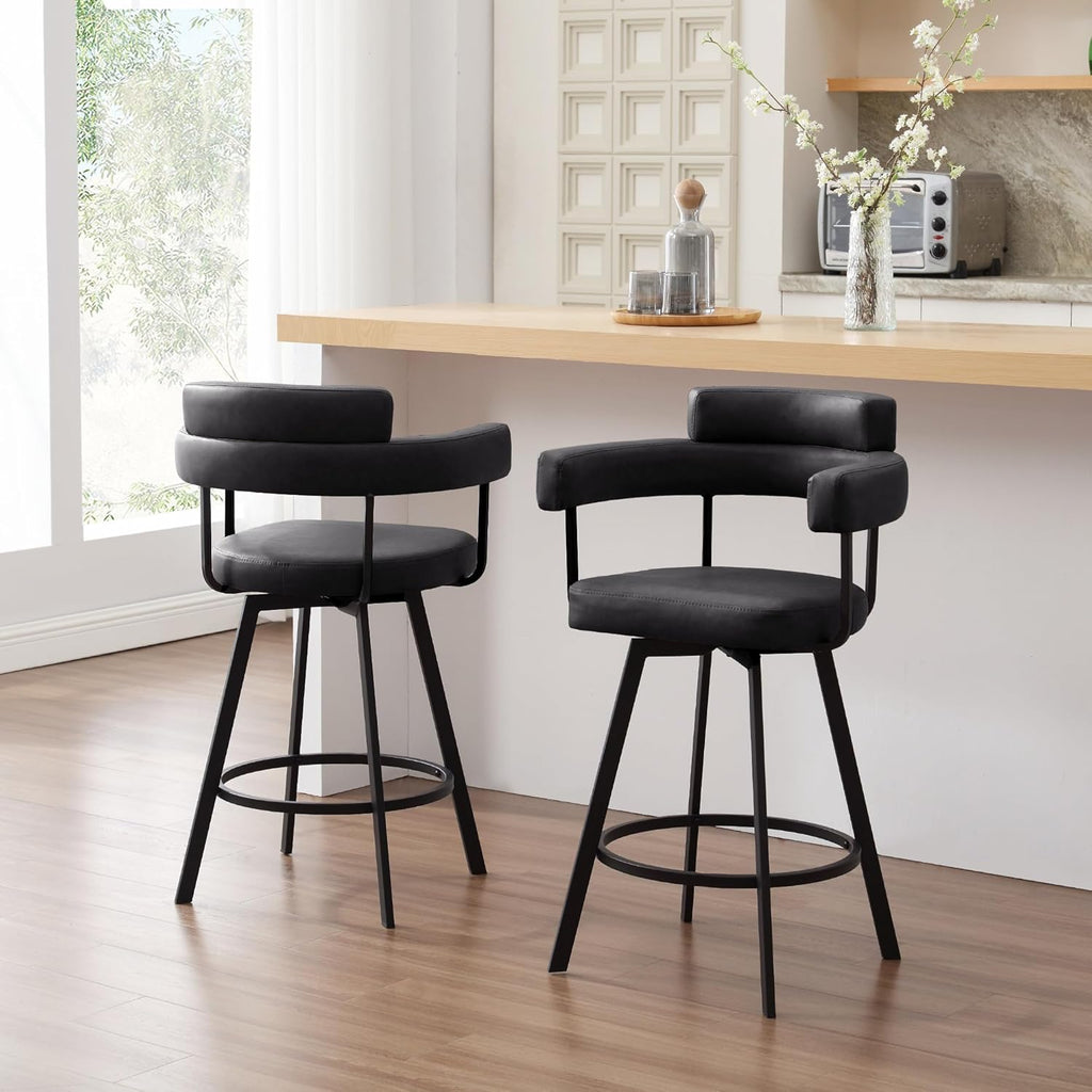 26'' Swivel Counter Height Stools with Round Back, Faux Leather Upholstered Bar Stools with Metal Legs, Armrest, Modern Counter Stools for Kitchen Island, Dining Room (Black, Set of 2)