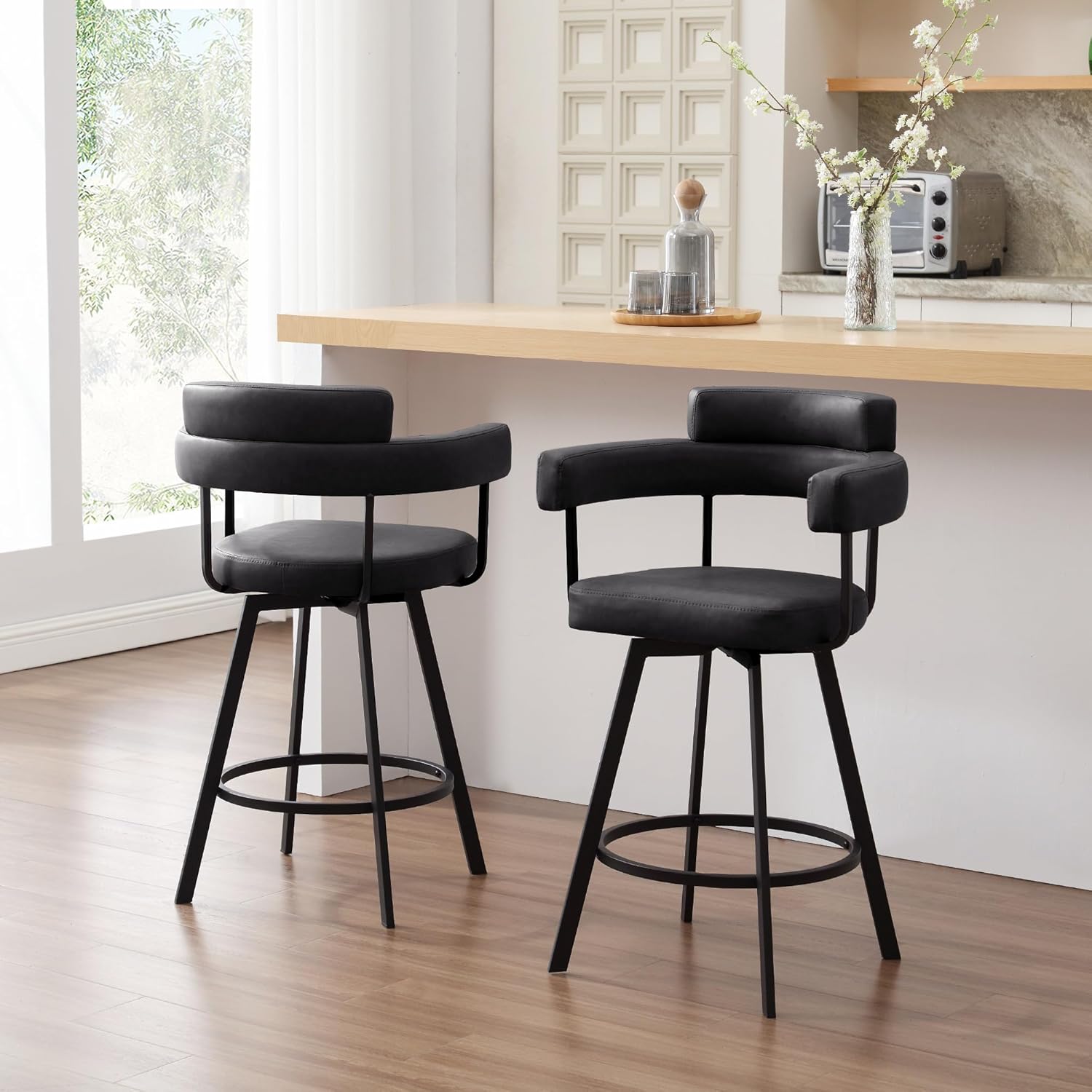 26'' Swivel Counter Height Stools with Round Back, Faux Leather Upholstered Bar Stools with Metal Legs, Armrest, Modern Counter Stools for Kitchen Island, Dining Room (Black, Set of 2)