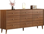 Mid Century Modern 9-Drawer Dresser, 63 Inch Wide Solid Wood Frame Chest, Walnut Finish, Beveled Design, Heavy-Duty Drawer Glides, Storage Cabinet for Bedroom, Living Room, TV Stand