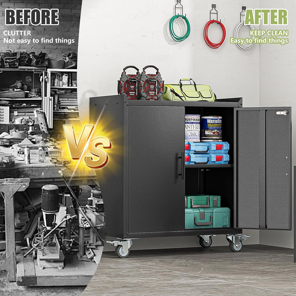 Metal Storage Cabinet with Wheels,Rolling Tool Cabinets with Doors and Adjustable Shelves,Lockable Garage Storage Cabinet,Heavy Duty Tool Chest for Home Office Utility Room,Assembly Required