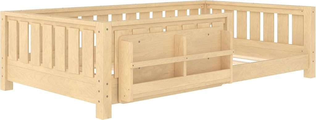 Bellemave Twin Floor Bed with Slats and Safety Guardrail, Twin Size Montessori Floor Bed with Fence and Built-in Bookshelf, Easy Assemble Montessori Beds for Kids, Girls, Boys, Light Natural