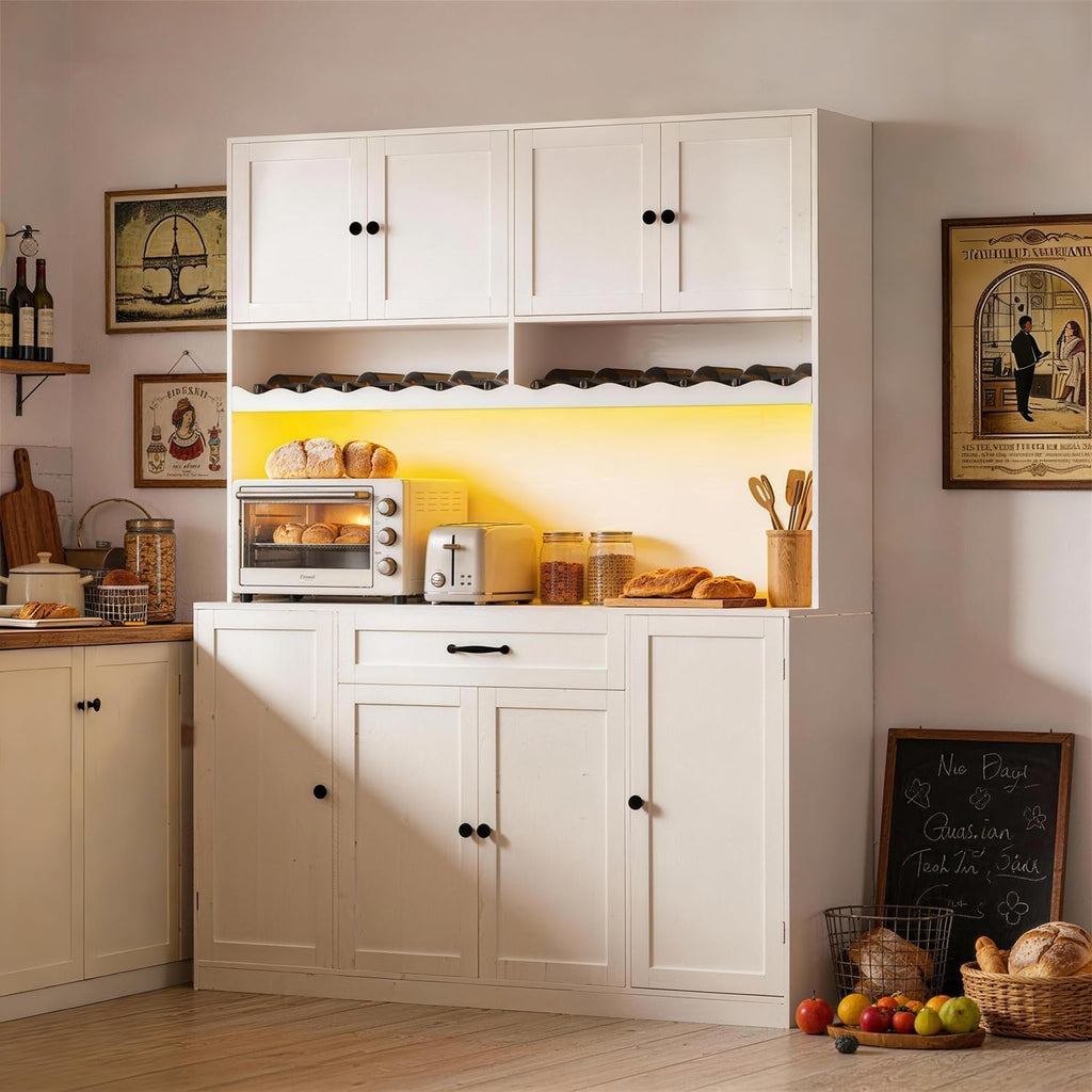 72" Tall Pantry Storage Cabinet with LED Light 55" Wide Kitchen Pantry Cabinet with Charging Station and Adjustable Shelves Modern Kitchen Hutch with Wine Rack and Large Countertop White