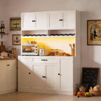 72" Tall Pantry Storage Cabinet with LED Light 55" Wide Kitchen Pantry Cabinet with Charging Station and Adjustable Shelves Modern Kitchen Hutch with Wine Rack and Large Countertop White