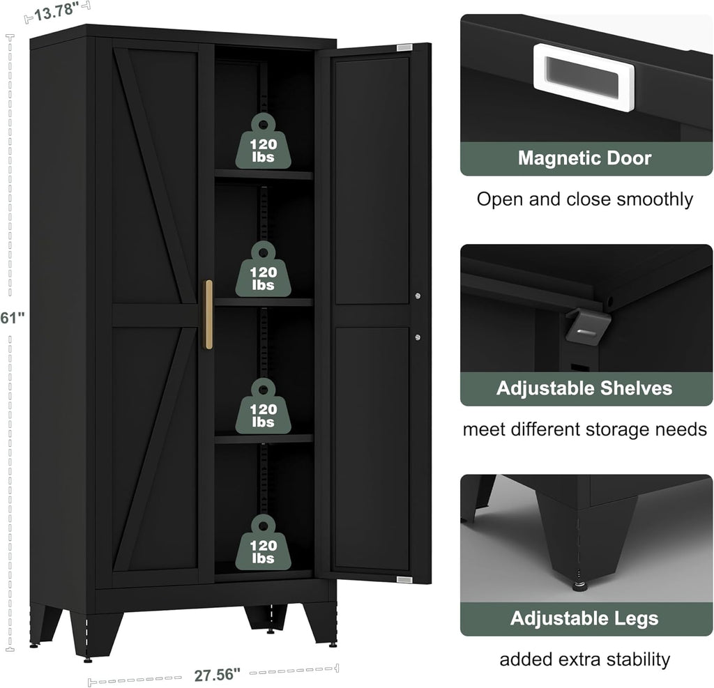 61" Tall Farmhouse Metal Pantry Cabinet, Kitchen Pantry Storage Cabinets with 2 Barn Door and Adjustable Shelves,Metal Pantry Storage Cabinet,for Kitchen,Laundry Room,Home Office,Kids Room (Black)