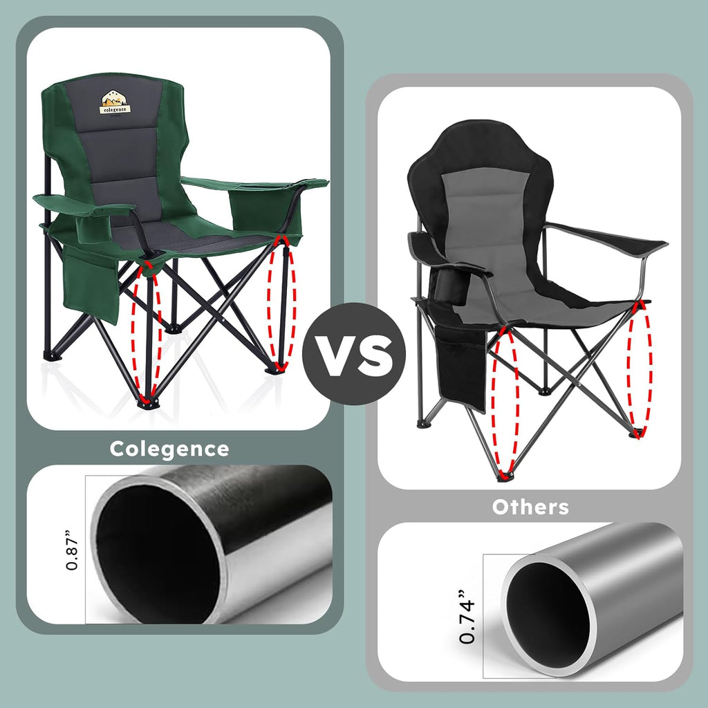 Colegence Oversized Folding Camping Chairs - 450 LBS Support Heavy Duty Camp Chair with Padded Cushion, Portable Outside Chairs with Carry Bag，Cooler, Cup Holder for Outdoor, Lawn, Sports - Green