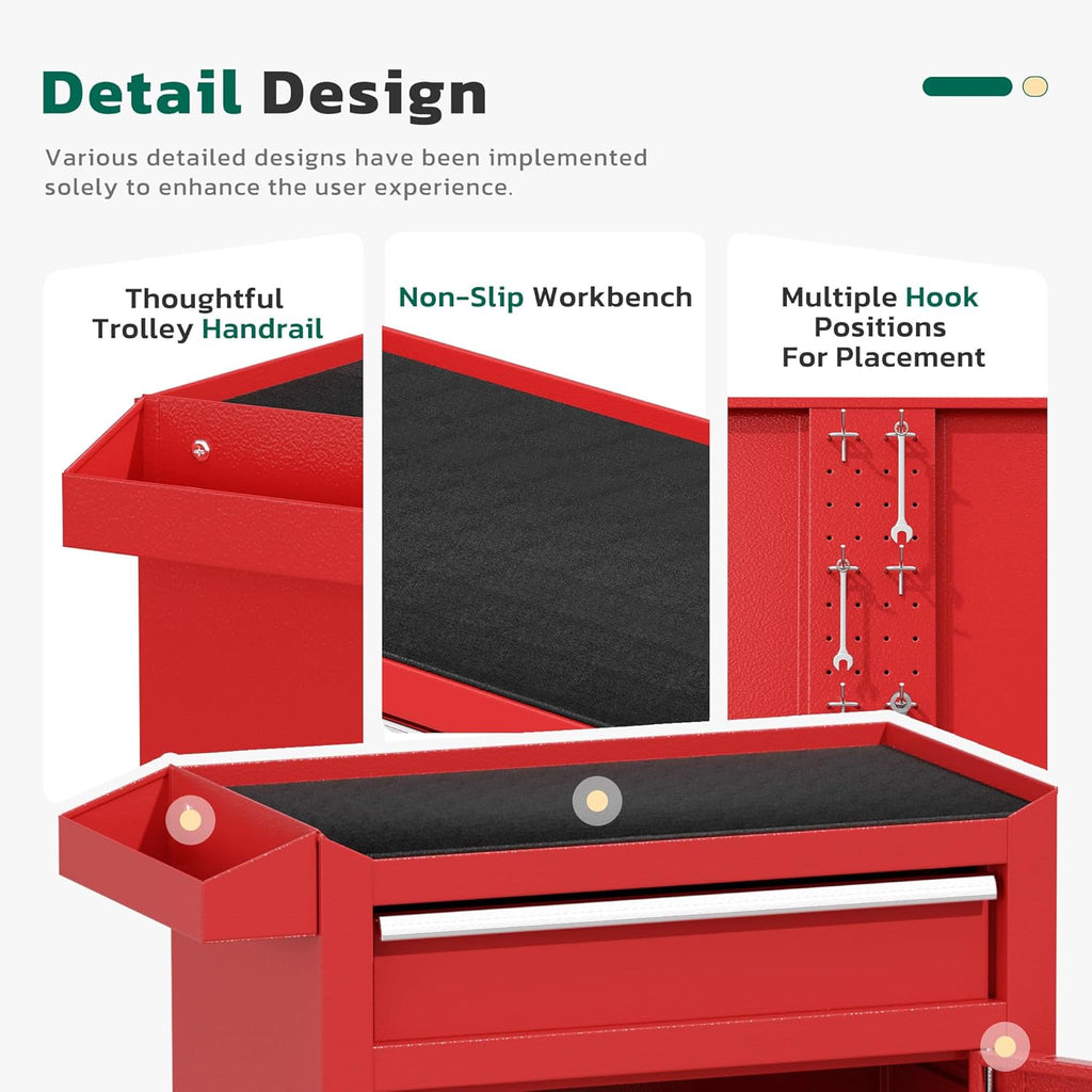 Greenvelly Tool Chest, 5-Drawer Rolling Tool Chest with Hooks and Lockable Wheels, Detachable Top Tool Box, Toolbox with Wheels, Rolling Tool Box for Mechanics Garage Workshop and Tool Room (Red)