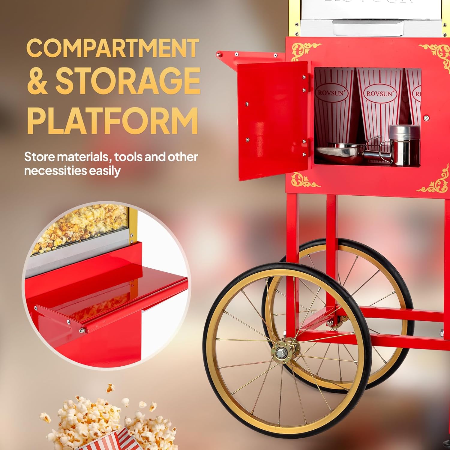 ROVSUN Popcorn Machine with Cart, 10 Oz Kettle Makes Up to 4 Gallons ETL Certified, Vintage Popcorn Maker w/Scoop, Oil Spoon, Bags & 3 Popcorn Cups, Movie Theater Style Popper for Commercial Home, Red