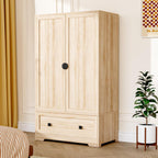VINGLI Armoire Wardrobe Closet With Doors, Hanging Rod, Shelves and Drawer - Freestanding Cabinet for Bedroom, Dorm - Oak, 38" W x 21" D x 65" H