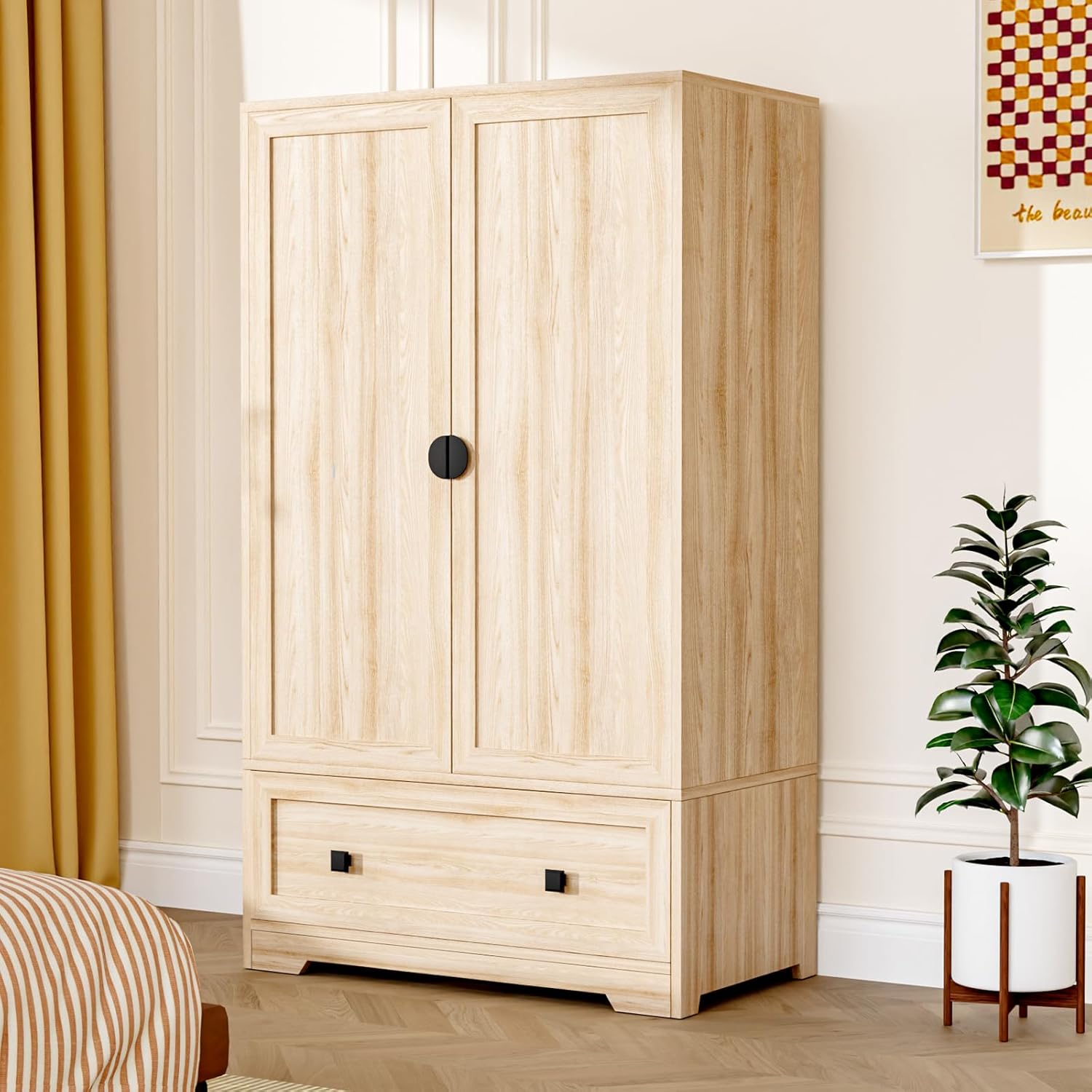 VINGLI Armoire Wardrobe Closet With Doors, Hanging Rod, Shelves and Drawer - Freestanding Cabinet for Bedroom, Dorm - Oak, 38" W x 21" D x 65" H