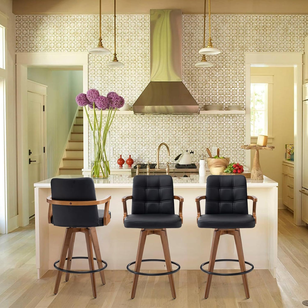 Black Bar Stools Set of 2, Kitchen Bar Stools 30” H,Modern Leather Bar Height Chairs with Back,Kitchen Island Chairs,Swivel Stools for Kitchen Island
