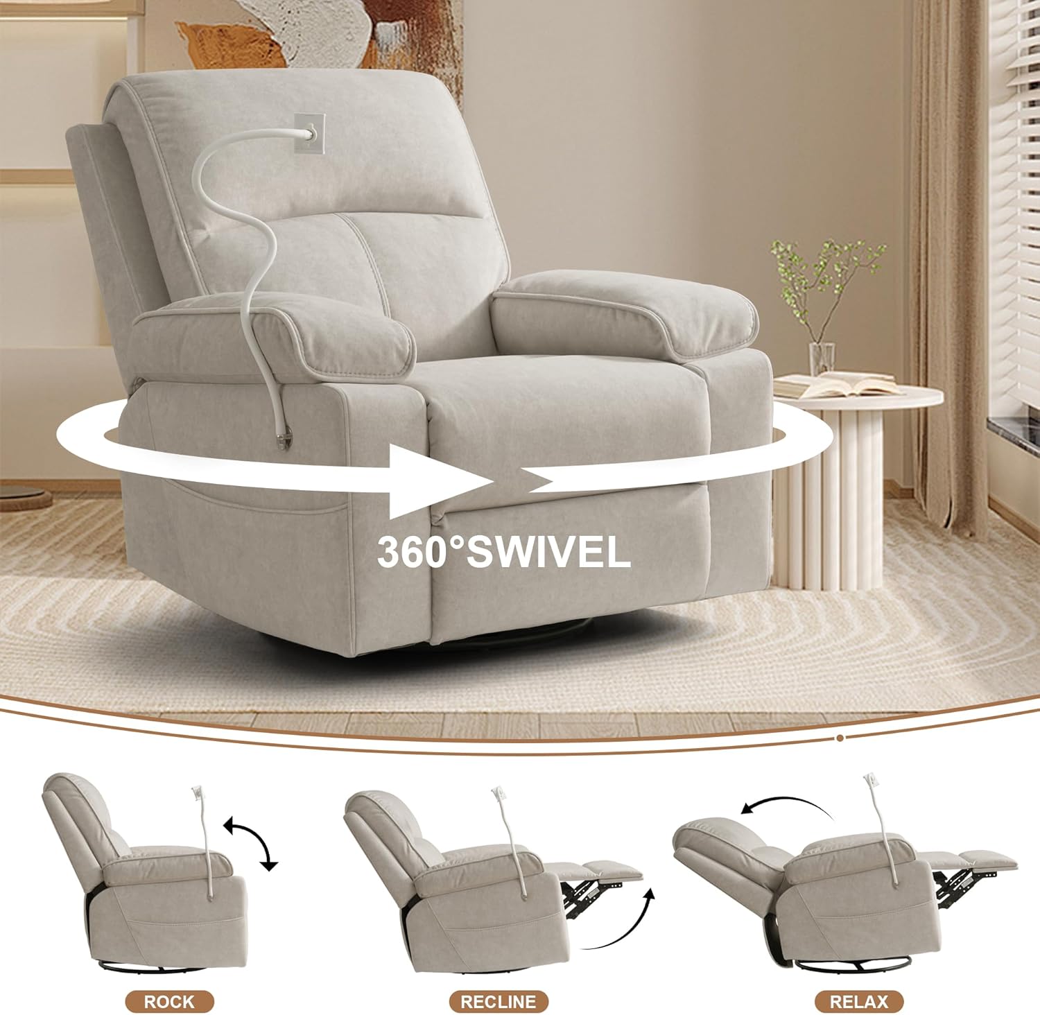 Nursery Rocking Chairs Glider Recliner with Flexible Phone Holder,Comfortable Nursing Chair Swivel Rocker Recliner for Baby Breastfeeding, Velvet, Beige