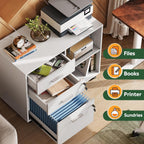 DEVAISE 3-Drawer Wood File Cabinet with Lock, Mobile Lateral Filing Cabinet, Printer Stand with Open Storage Shelves for Home Office, White