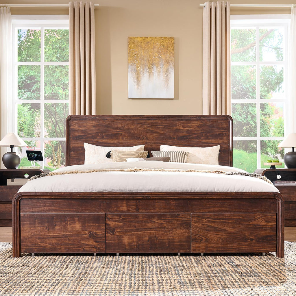 Modern King Size Bed Frame with 50" Tall Headboard, Wood King Size Platform Bed Frame w/3 Storage Drawers, Curved Profile Design, No Box Spring Needed, Easy Assembly, Noise Free, Dark Walnut