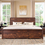 Modern King Size Bed Frame with 50" Tall Headboard, Wood King Size Platform Bed Frame w/3 Storage Drawers, Curved Profile Design, No Box Spring Needed, Easy Assembly, Noise Free, Dark Walnut