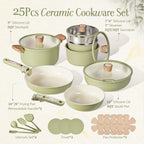CAROTE 25-Piece Ceramic Cookware Set, Nonstick Pots and Pans Set with Detachable Handle, Non-Toxic Kitchen Cooking Set, Dishwasher & Oven Safe, Induction Compatible, PFAS Free, Green