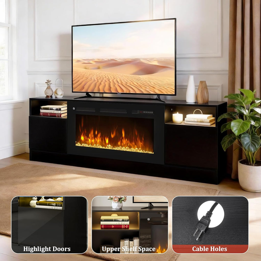 70" Fireplace TV Stand for TVs Up to 80",Entertainment Center with 36” Electric Fireplace and 12 Colors LED Lights,Large TV Console with Storage Cabinet for Living Room,All Black