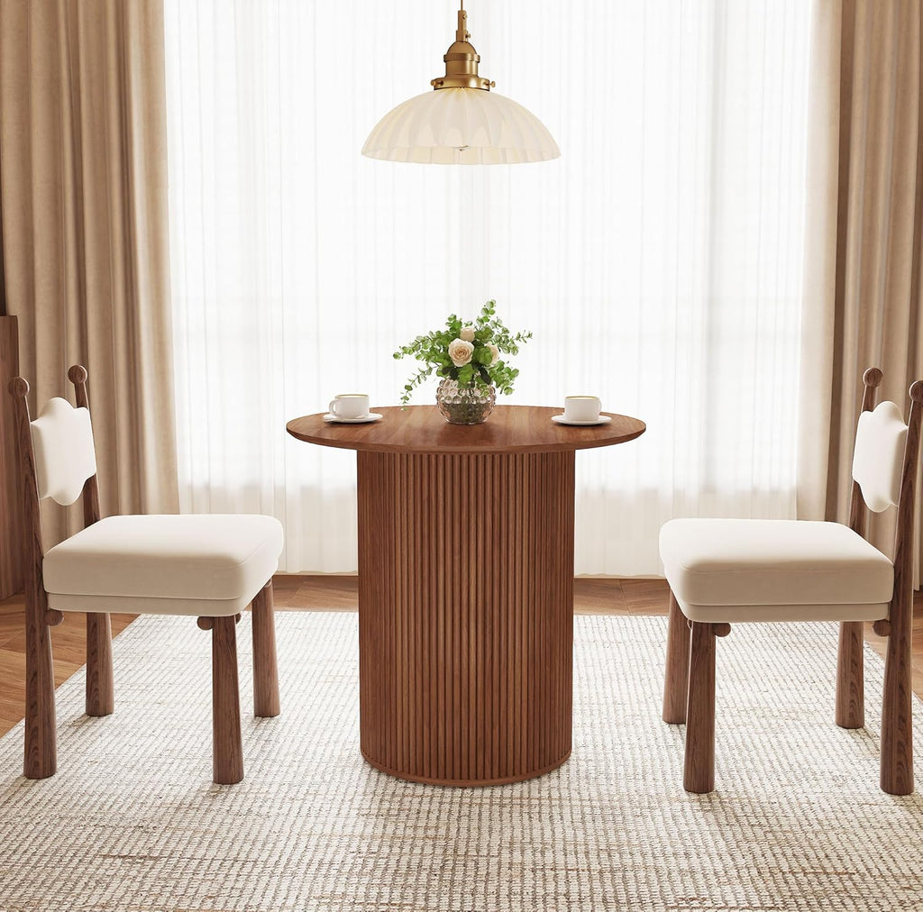 31.5" Small Round Dining Table for 2, Sturdy and Durable Wood Walnut Dining Table Round with Fluted Base, Simple Setup Small Kitchen Table for Living Dining Room Office (Walnut)