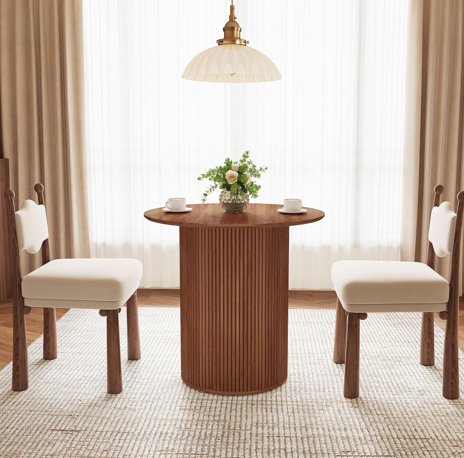 31.5" Small Round Dining Table for 2, Sturdy and Durable Wood Walnut Dining Table Round with Fluted Base, Simple Setup Small Kitchen Table for Living Dining Room Office (Walnut)