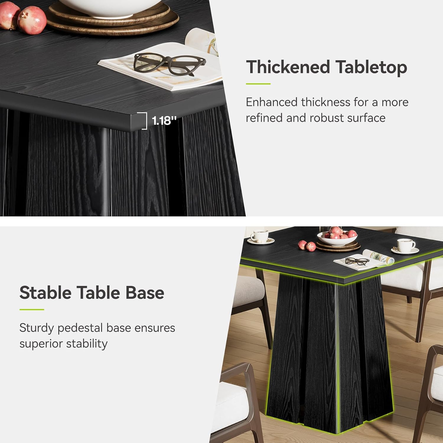 LITTLE TREE Wooden Square Dining Table 4 Sets, 31.5" Farmhouse Kitchen Table with Heavy-Duty Pedestal Base, Dinner Furniture for Dining Room, Living Room, Kitchen (1, Black)