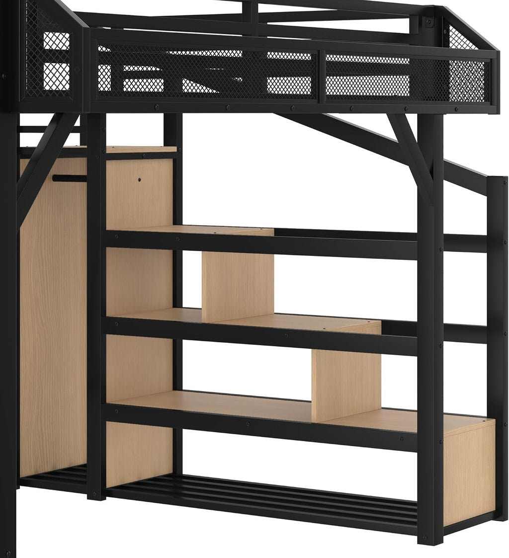 Bellemave Queen Loft Bed with Stairs and Built-in Wardrobe, Metal Loft Bed Frame with Storage Shelves, Heavy Duty Loft Beds with USB Ports and LED Lights for Adults, Boys, Girls, Teens, Natural Wood