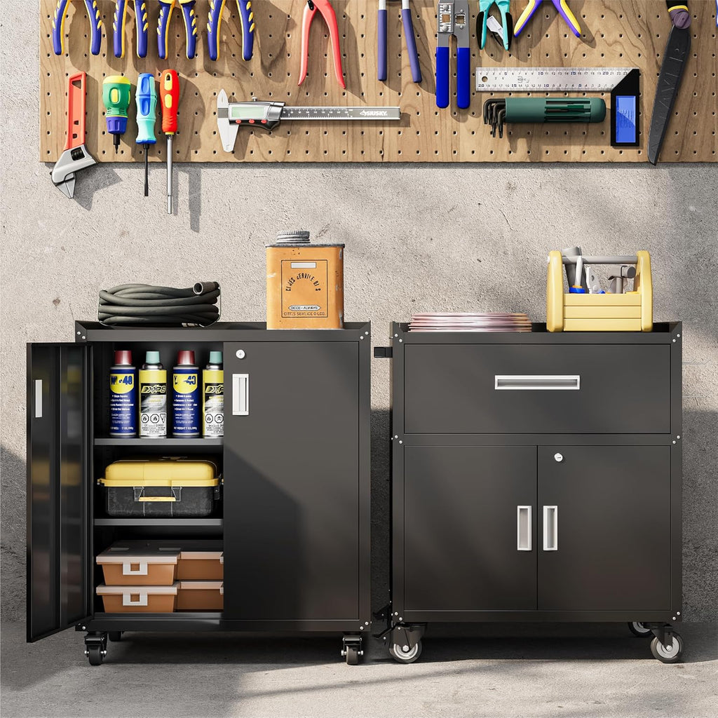 COFaR Rolling Tool Cabinet, 1-Drawer & 2-Door Metal Storage Cabinet with Adjustable Shelf, Lockable Wheels & Locking Doors, 35" H Heavy Duty Garage Tool Chest for Workshop, Garage, Office - Black
