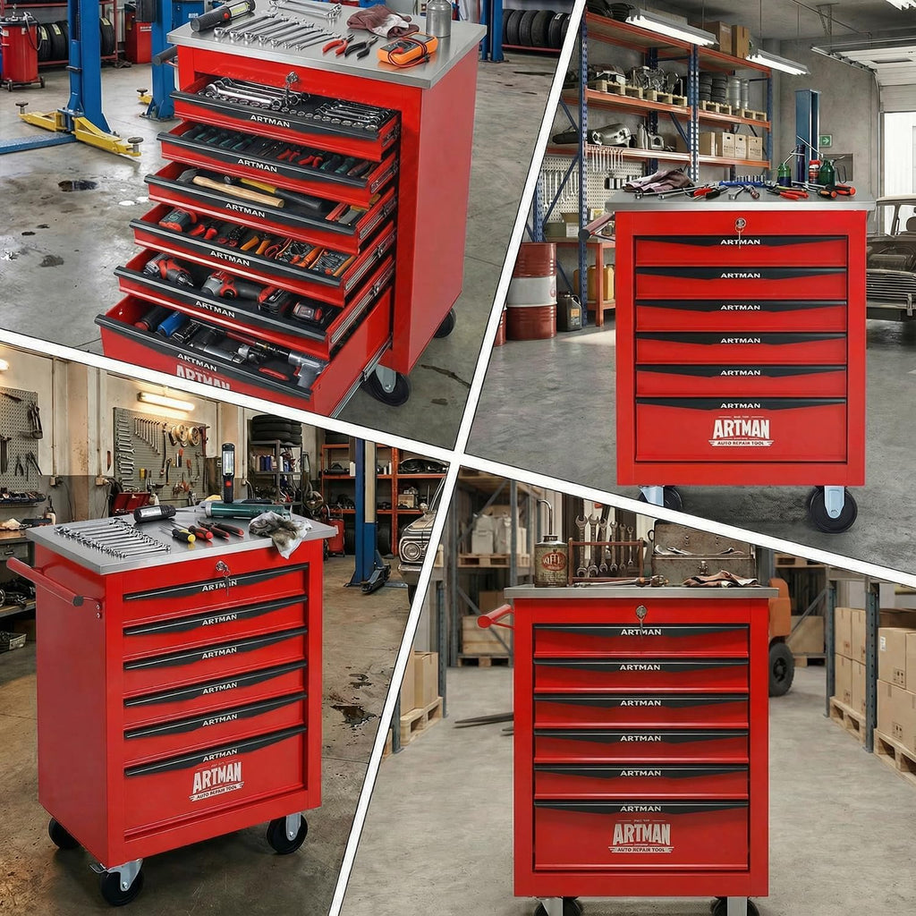6-Drawer Rolling Tool Chest with Stainless Steel Countertop,Tool Chest with Secure Locking System,Mobile Storage Tool Cabinet with 360°Wheels and Padded Feet,for Home,Garage (Red)