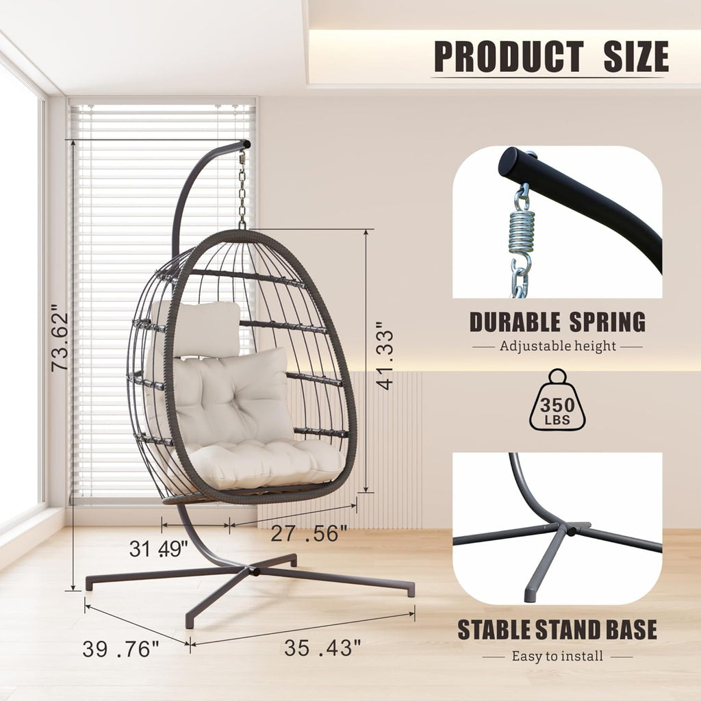 HWB Hanging Egg Chair with Stand, Patio Wicker Egg Swing Chair with Cushion for Bedroom Garden Indoor Outdoor (Beige)