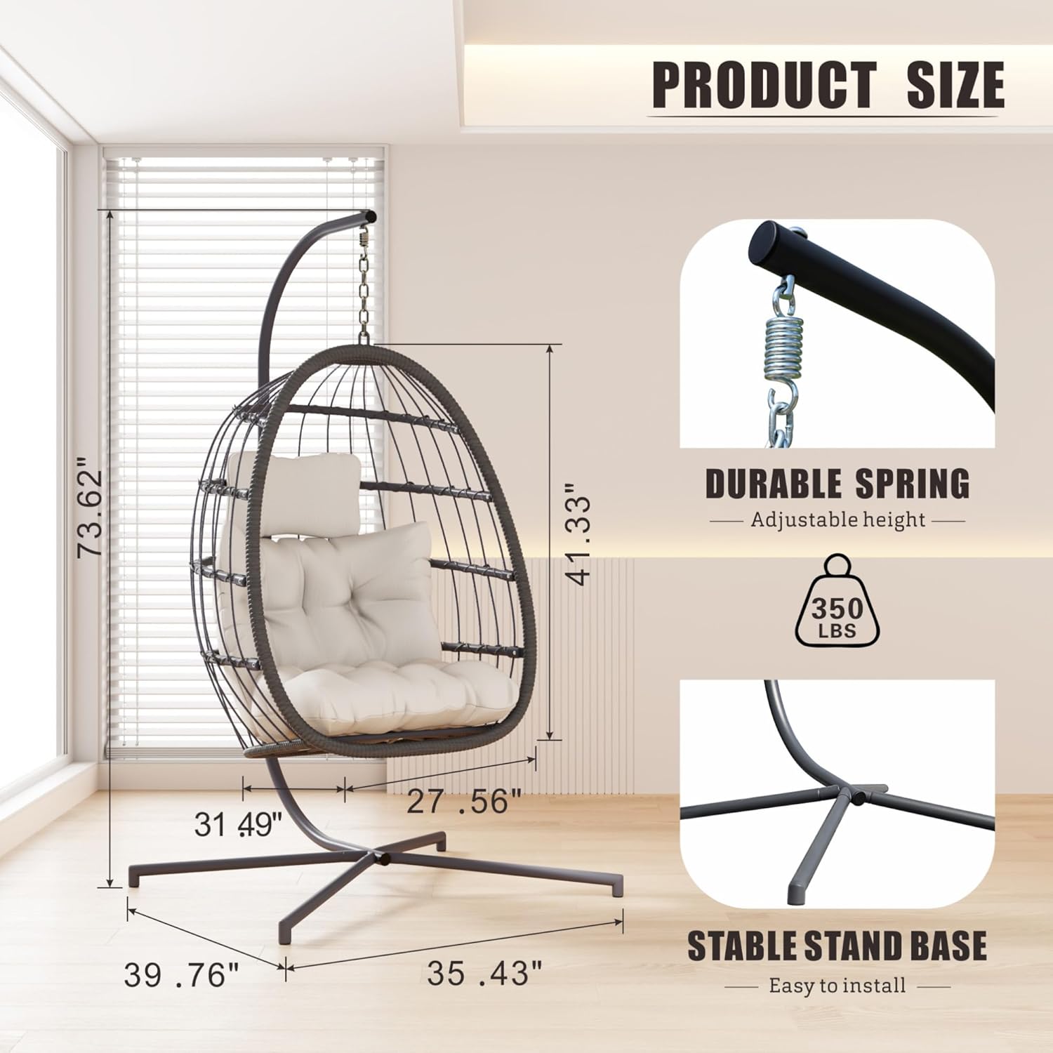 HWB Hanging Egg Chair with Stand, Patio Wicker Egg Swing Chair with Cushion for Bedroom Garden Indoor Outdoor (Beige)