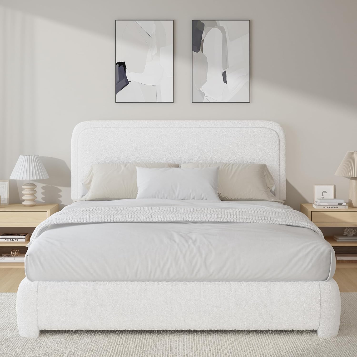 BarnFurin Queen Bed Frame with Headboard, Boucle Upholstered Platform Bed Frame, Luxurious Soft Rounded Corners, No Box Spring Required, Non-Slip and Noise-Free, Easy Assembly, White