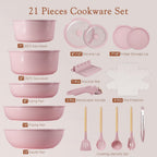 Astercook 21 Pcs Pots and Pans Non Stick Ceramic Cookware Set, Detachable Handles, RV Kitchen Cooking Set, Oven Safe, Induction Ready, Stackable, Pink