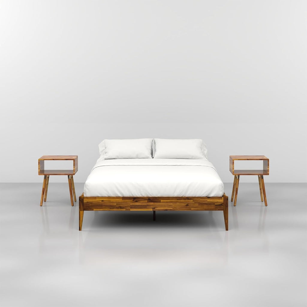 Bme Dinkee Wooden Queen Bed Frame, 15 Inch Height, Elegant Minimalist Modern Design with Japanese Joinery, Durable Wood Slats for Reliable Support, No Box Spring Required, Caramel