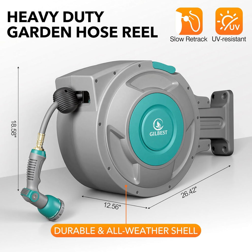 100 ft x 5/8" Retractable Garden Hose Reel  Heavy Duty Water Hose Reel Wall Mounted  Any Length Lock  180°Swivel  Water Hose with 10-Function Nozzle for Cleaning  Watering (Green)